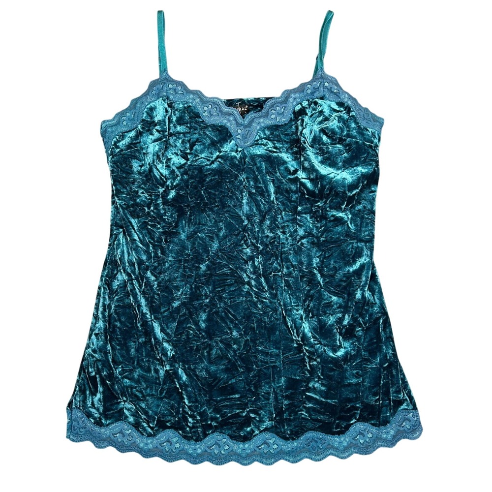 Tribal Women's Tank Top 90s Crushed Velvet Teal Lace Whimsigoth Y2K Fairy Large
